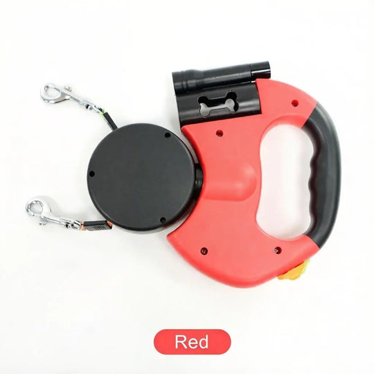Retractable dual dog leash in red, ideal for walking two dogs safely