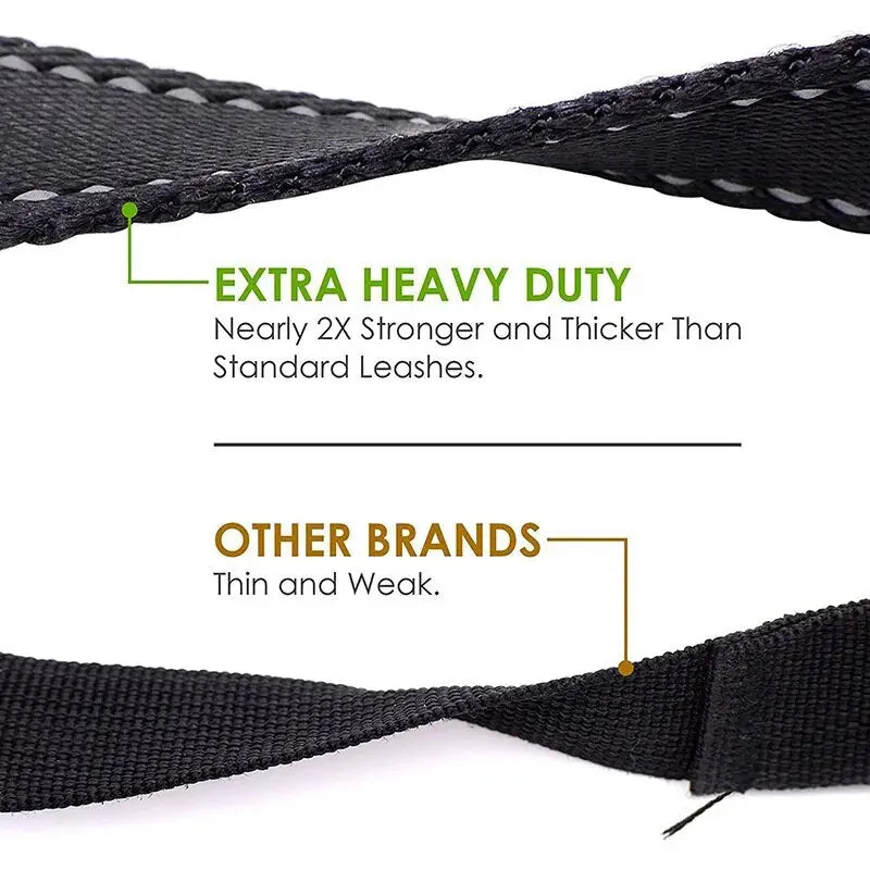 Tactical-grade double handle dog leash with metal clips and thick webbing.

