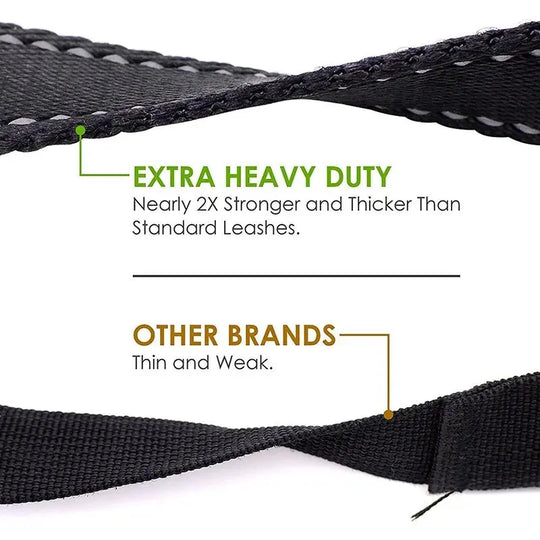 Tactical-grade double handle dog leash with metal clips and thick webbing.

