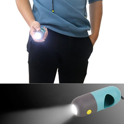 Dog waste bag carrier with integrated LED torch for nighttime use.

