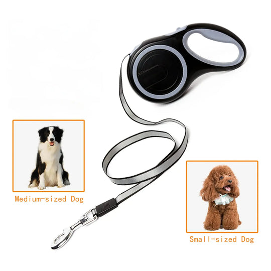 Automatic retractable dog leash with tangle-free design and safety lock.

