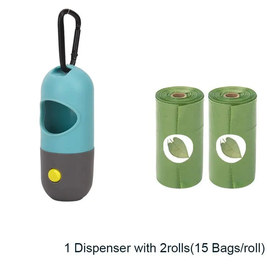 Multifunctional dog poop bag dispenser with built-in flashlight.

