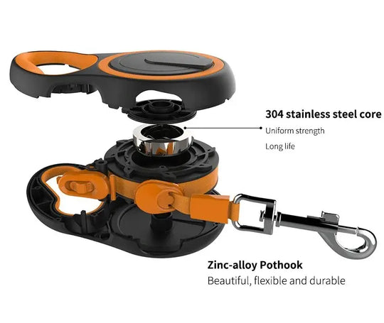 Lightweight retractable dog leash with automatic cord rewind feature.

