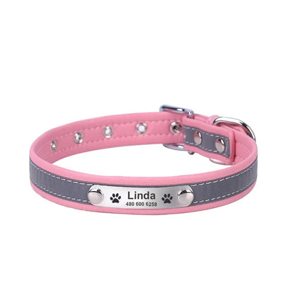 Reflective leather collar with custom engraving

