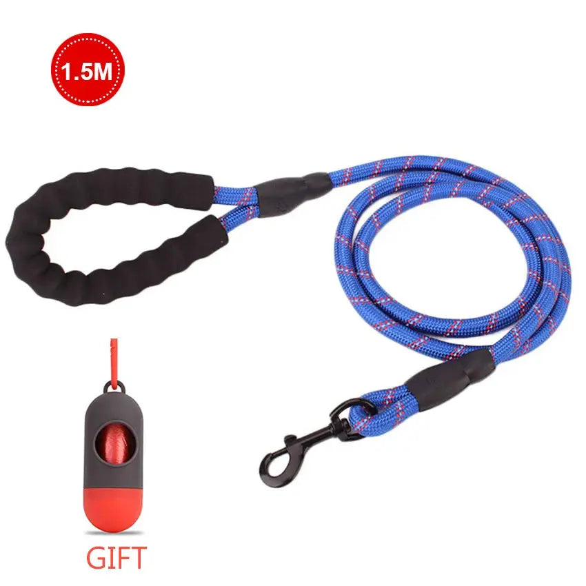 Premium reflective leash coiled on a wooden surface showing texture

